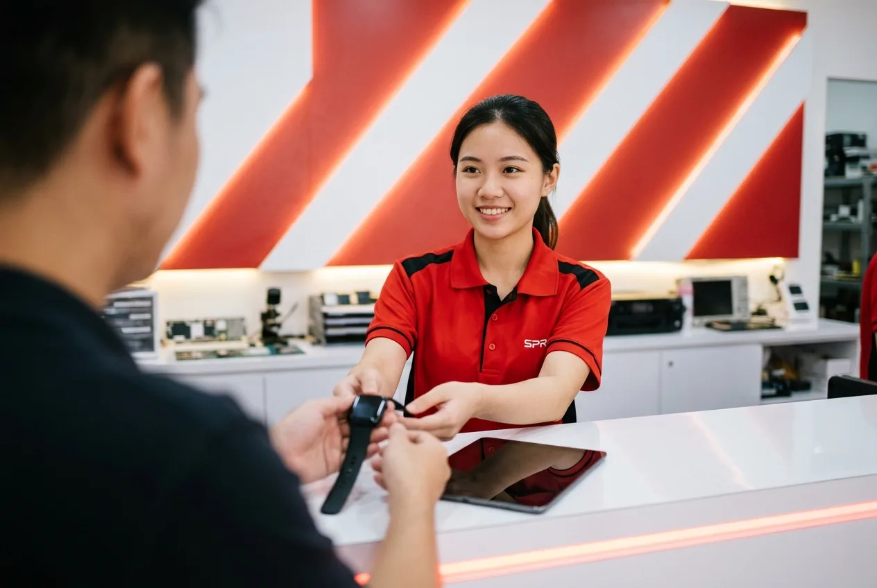 Customer handing an Apple Watch to SPR staff at the counter